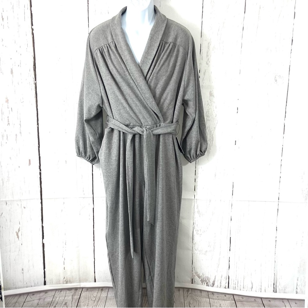 Eloquii Jumpsuit Women’s 14/16 Gray Faux Wrap Shawl Neck Belted Long Sleeves.